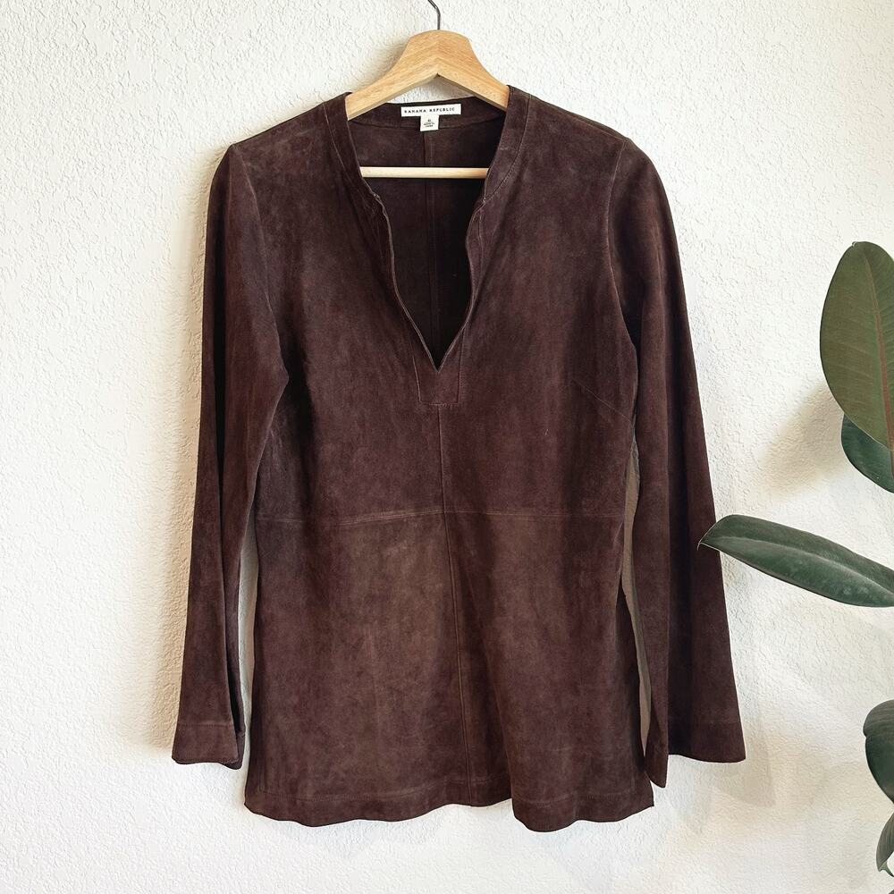 VTG Banana Republic Suede Leather Tunic Top Size 6 Boho 70s Style Western Mocha